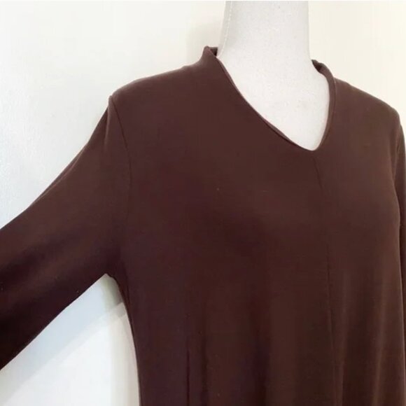EILEEN FISHER BROWN LONG SLEEVE V-NECK VISCOSE BLEND STRETCH JERSEY MAXI DRESS - Picture 5 of 9